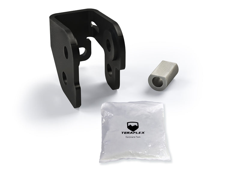 TeraFlex Track Bar, shown on a studio background: black steel bracket, a steel sleeve and a TeraFlex hardware pack on white