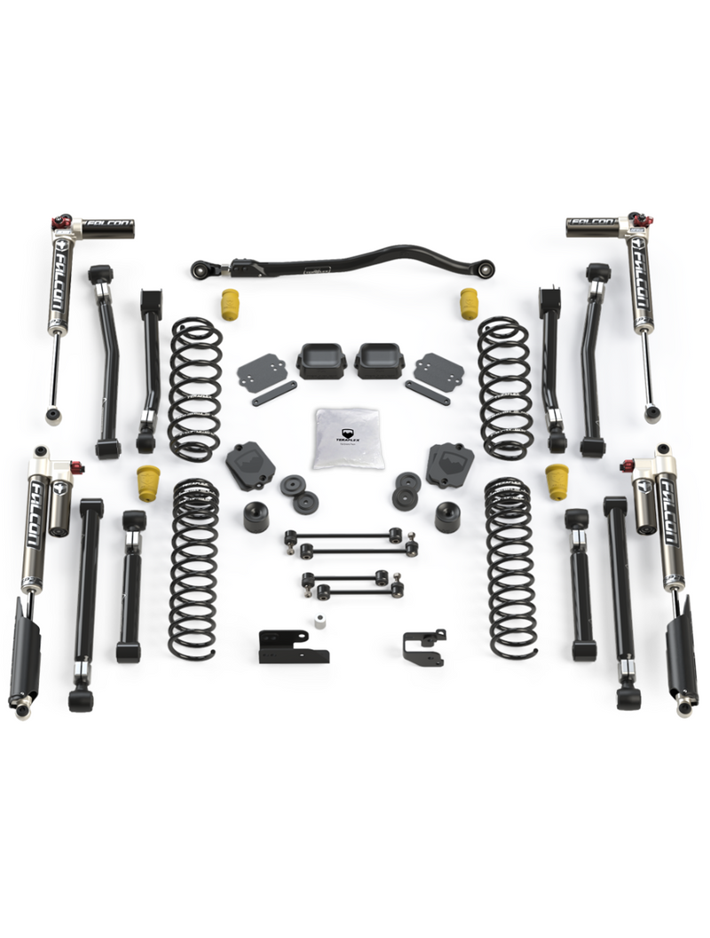 TeraFlex Trail Select Suspension System, shown on a studio background: TeraFlex long-arm style lift kit with coils, Falcon reservoir shocks, eight control arms and track bar on white