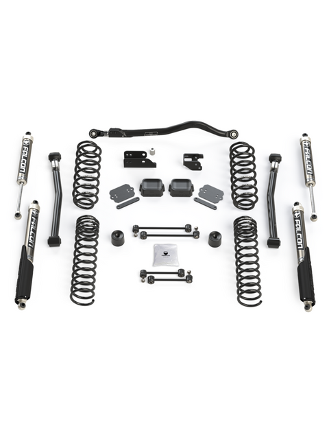 TeraFlex Trail Select Suspension System, shown on a studio background: TeraFlex suspension lift kit with coil springs, Falcon shocks, track bar, links and hardware laid out on white