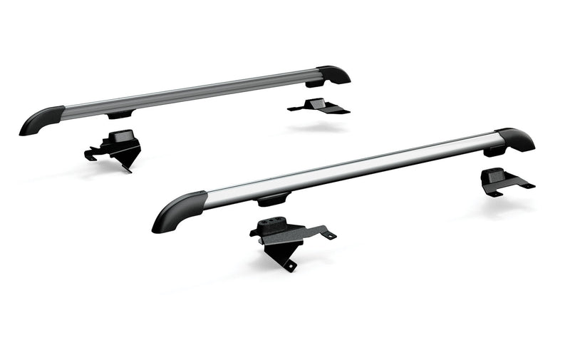 Pair of silver TeraFlex Nebo roof rack main rails with mounting feet on a white background