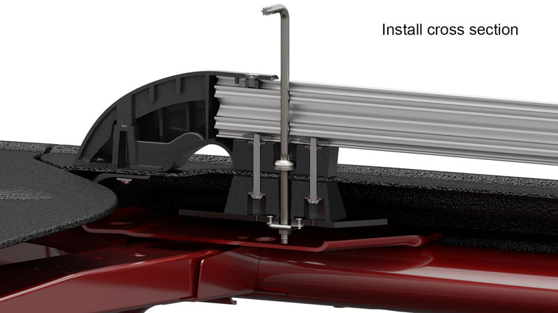 Cross-section render of a TeraFlex Nebo roof rack main rail mounted to the hardtop