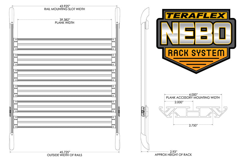 TeraFlex Nebo rack system dimension drawing with rail and slat measurements