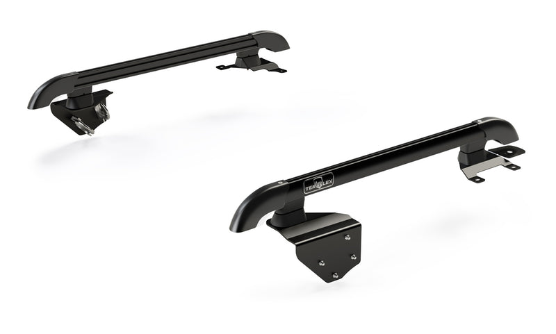 Pair of black TeraFlex Nebo roof rack main rails for 2-door hardtops on a white background