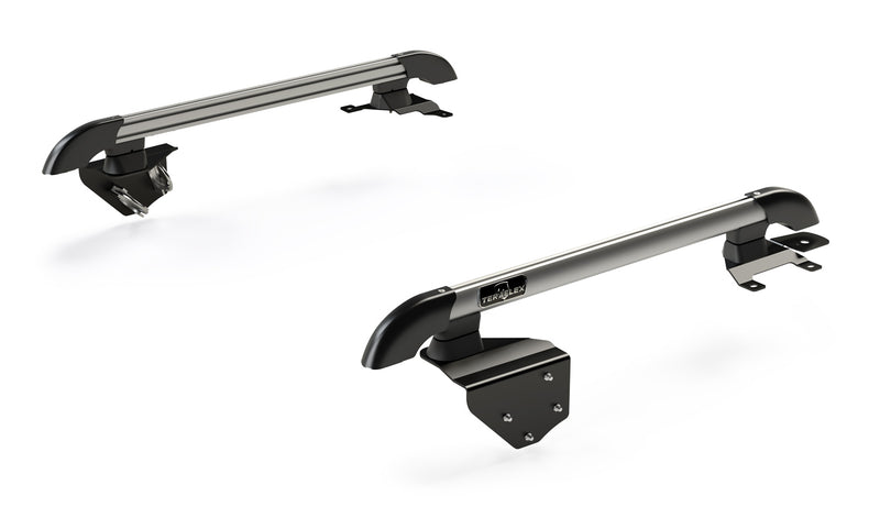Pair of silver TeraFlex Nebo roof rack main rails for 2-door hardtops on a white background
