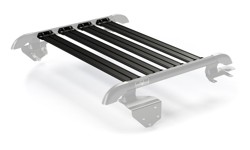 Four black TeraFlex Nebo cargo slats shown on faded main rails on a white background
