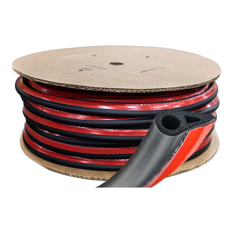 ACCESS TrailSeal tailgate seal: black foam gasket with red peel-and-stick backing, shown on the bulk roll with the cut end facing