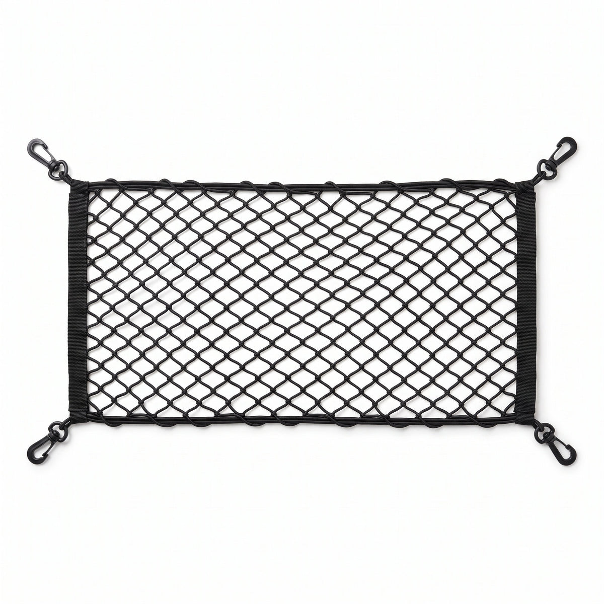 Black elastic truck bed cargo net laid flat on white, showing the diamond mesh, cord border, fabric end sleeves and a black snap hook clipped to each corner