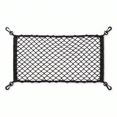 Black elastic truck bed cargo net laid flat on white, showing the diamond mesh, cord border, fabric end sleeves and a black snap hook clipped to each corner