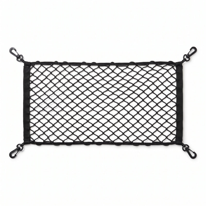 Black elastic truck bed cargo net laid flat on white, showing the diamond mesh, cord border, fabric end sleeves and a black snap hook clipped to each corner