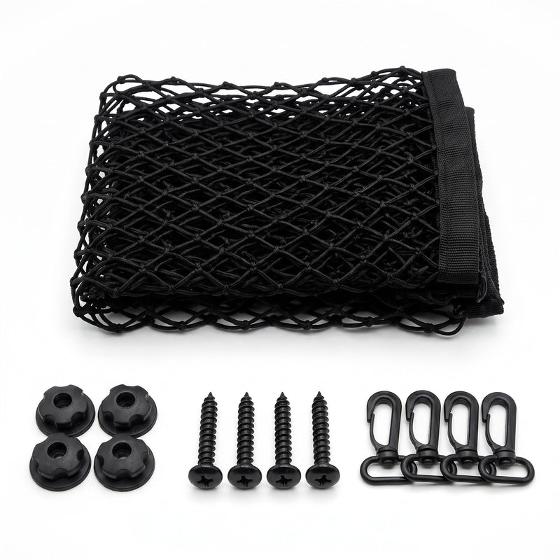 Folded truck bed cargo net with its included hardware: 4 black plastic hook mounts, 4 black screws and 4 black plastic snap hooks