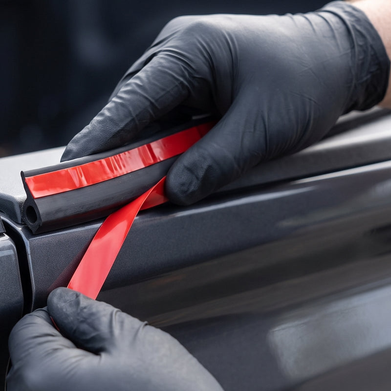 Gloved hands pressing the rubber tailgate seal into place while peeling back its red adhesive liner