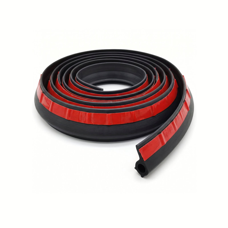 Coiled black rubber tailgate seal strip with red adhesive liner, the loose end showing the hollow bulb profile