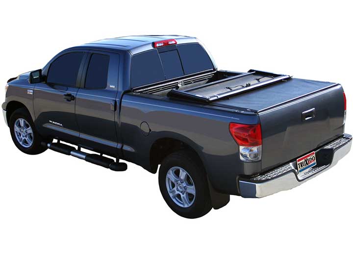 TruXedo Deuce soft folding tonneau cover folded flat at the bulkhead on a 2007-2021 Toyota Tundra