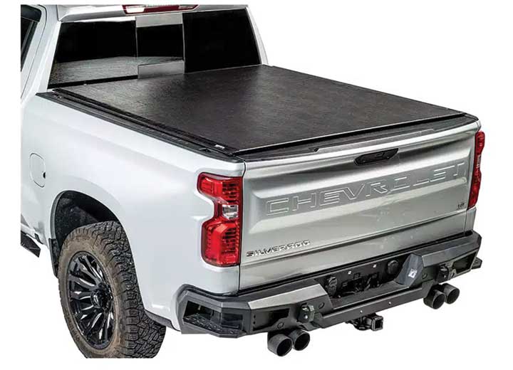 TruXedo Deuce soft folding tonneau cover closed over the bed of a pickup truck, low straight rear view