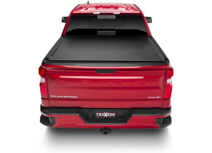 TruXedo Deuce soft folding tonneau cover closed over the bed of a pickup truck, straight rear view