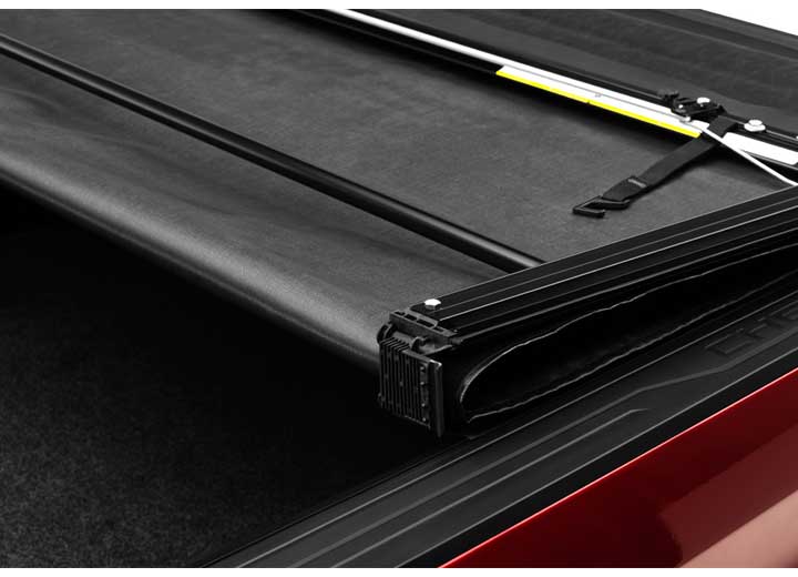 Close-up of the hinge between the folding panels on a TruXedo Deuce soft folding tonneau cover