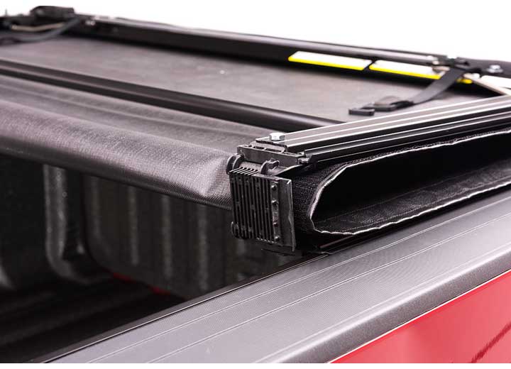 Close-up of the hinge between the folding panels on a TruXedo Deuce soft folding tonneau cover