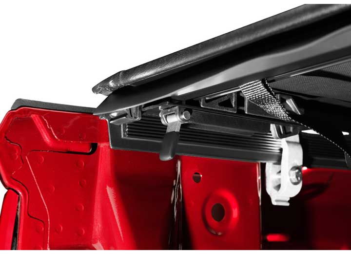 Close-up of the latch and tensioning mechanism on a TruXedo Deuce soft folding tonneau cover