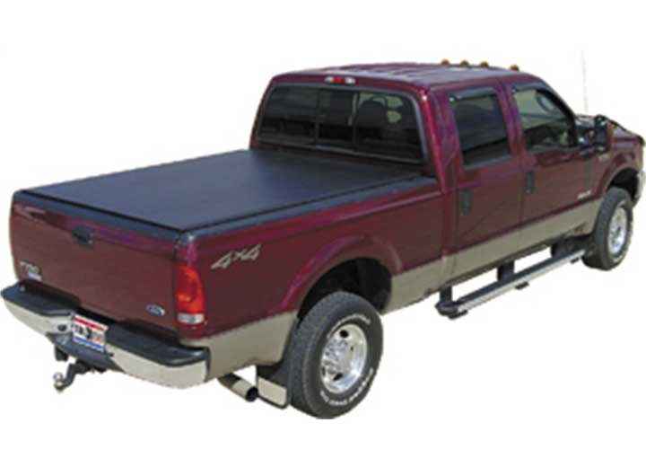 TruXedo Lo Pro soft roll-up tonneau cover closed on a 1999-2007 Ford Super Duty, low rear three-quarter view