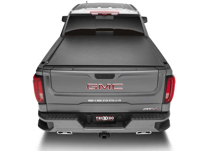 TruXedo Lo Pro soft roll-up tonneau cover closed on a 2019-2024 GMC Sierra 1500, straight rear view