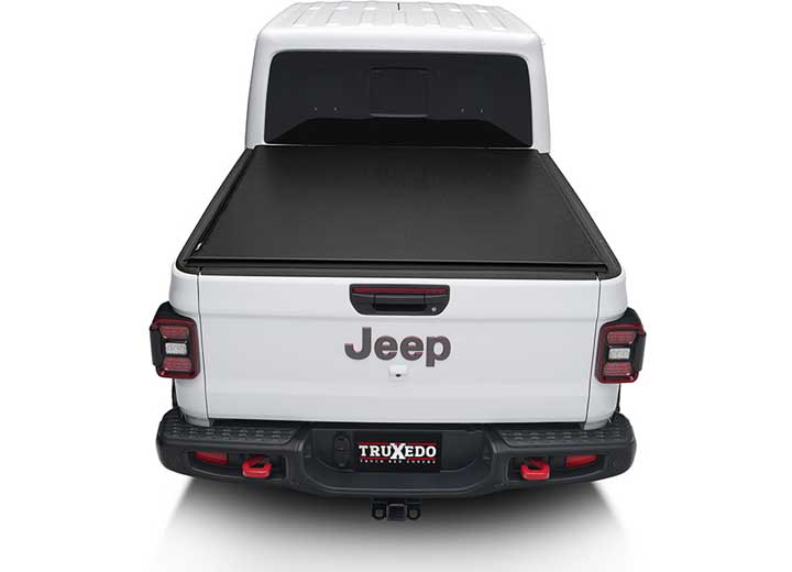 TruXedo Lo Pro soft roll-up tonneau cover closed on a 2020-2024 Jeep Gladiator, straight rear view