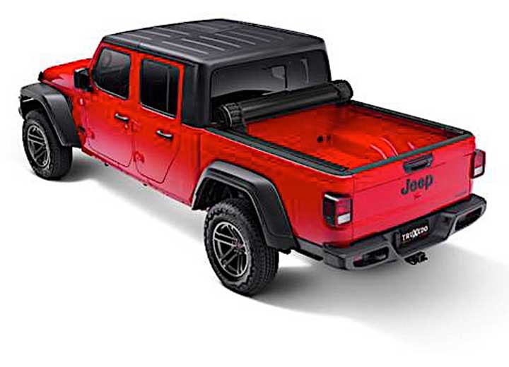 TruXedo Lo Pro soft roll-up tonneau cover rolled forward to the cab on a 2020-2026 Jeep Gladiator