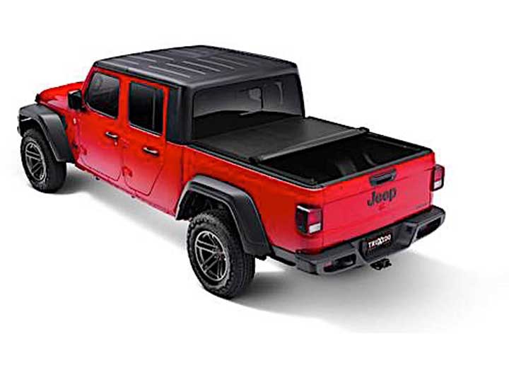 TruXedo Lo Pro soft roll-up tonneau cover rolled partway open on a 2020-2026 Jeep Gladiator