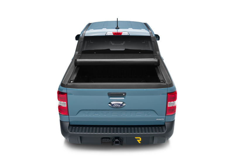 TruXedo Lo Pro soft roll-up tonneau cover rolled partway open on a 2022-2024 Ford Maverick, straight rear view