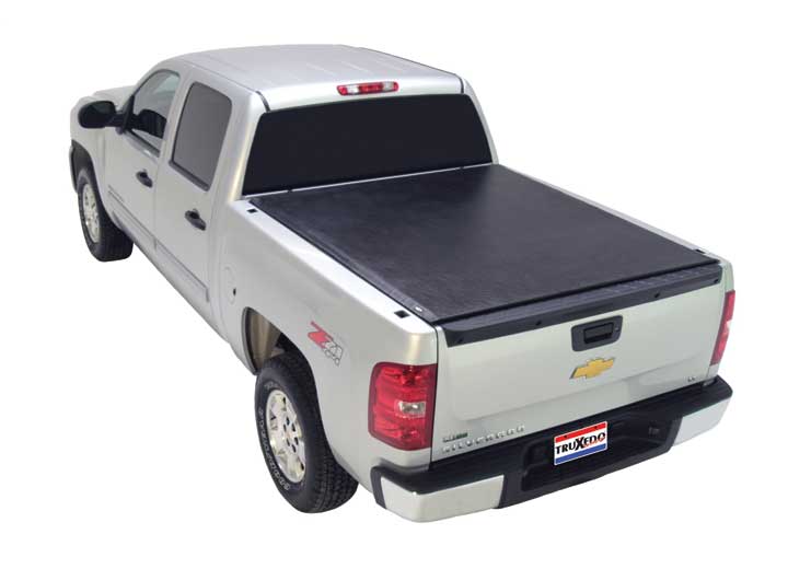 TruXedo Lo Pro soft roll-up tonneau cover closed over the bed of a pickup truck, rear three-quarter view
