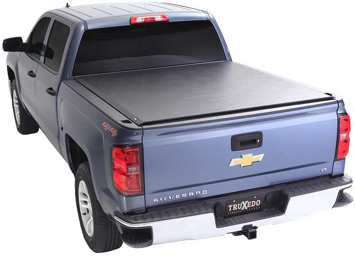 TruXedo Lo Pro soft roll-up tonneau cover closed over the bed of a pickup truck, rear three-quarter view