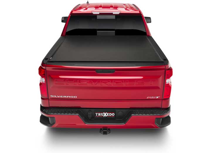 TruXedo Lo Pro soft roll-up tonneau cover closed over the bed of a pickup truck, straight rear view