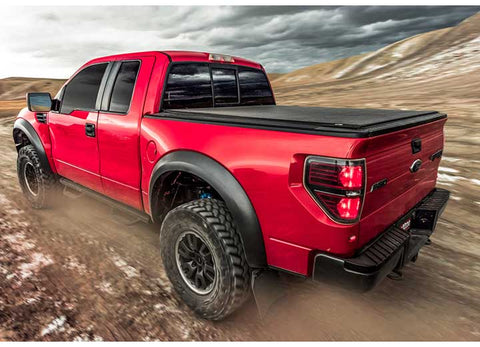 TruXedo Lo Pro soft roll-up tonneau cover closed over the bed of a pickup truck, photographed on location