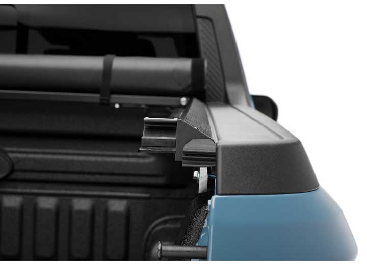 Close-up of the end of the side rail on a TruXedo Lo Pro soft roll-up tonneau cover