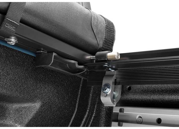 Close-up of the header rail at the tailgate on a TruXedo Lo Pro soft roll-up tonneau cover