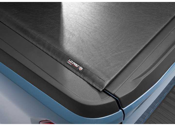 Close-up of the TruXedo name plate on the cover on a TruXedo Lo Pro soft roll-up tonneau cover