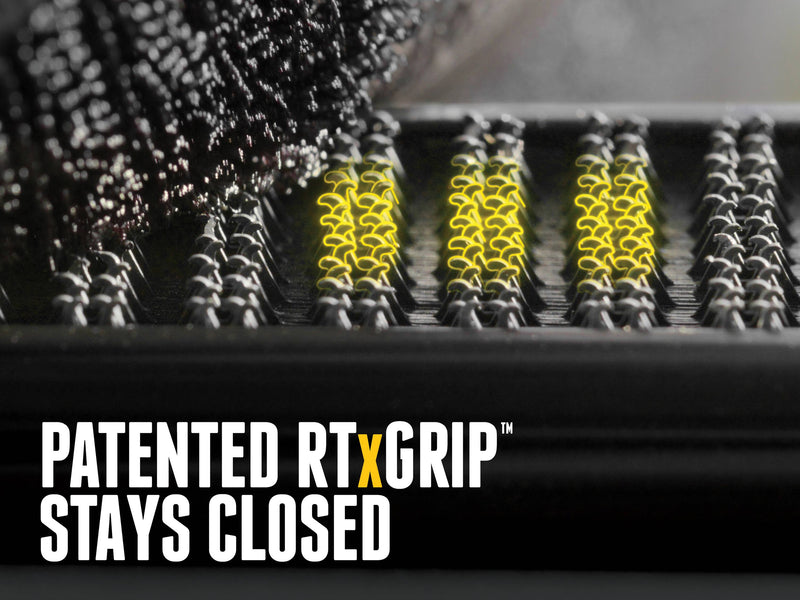 Macro of the hook-and-loop grip strip along the rail, text reads Patented RTxGrip stays closed
