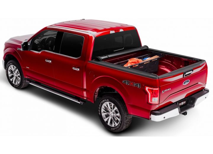 TruXedo Pro X15 soft roll-up tonneau cover rolled forward to the cab on a 2015-2020 Ford F-150