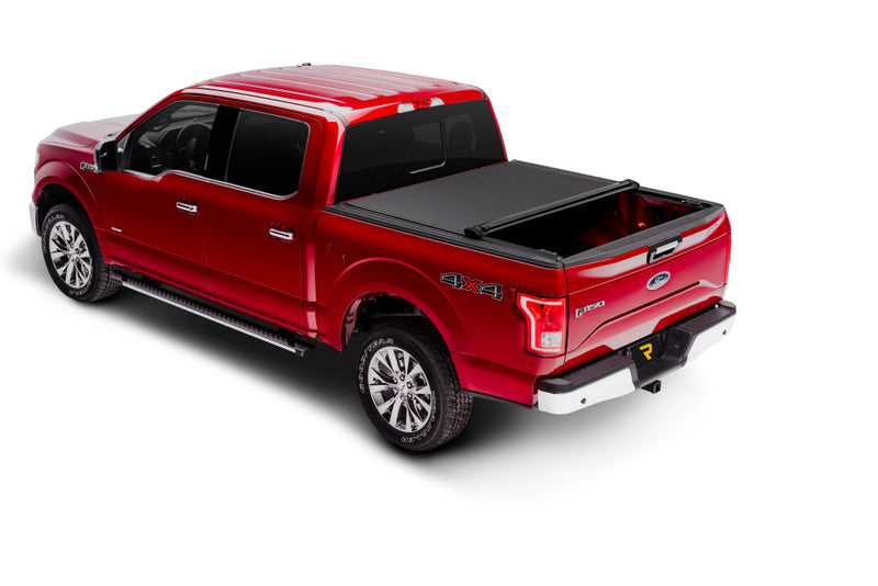 TruXedo Pro X15 soft roll-up tonneau cover rolled partway open on a 2015-2020 Ford F-150