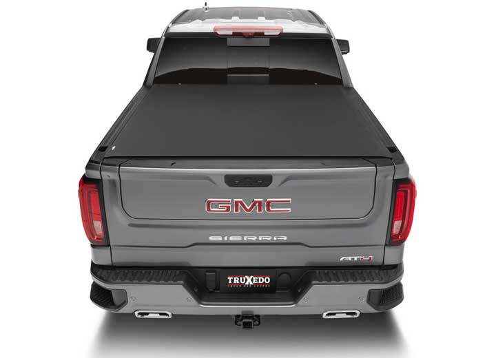 TruXedo Pro X15 soft roll-up tonneau cover closed on a 2019-2024 GMC Sierra 1500, straight rear view