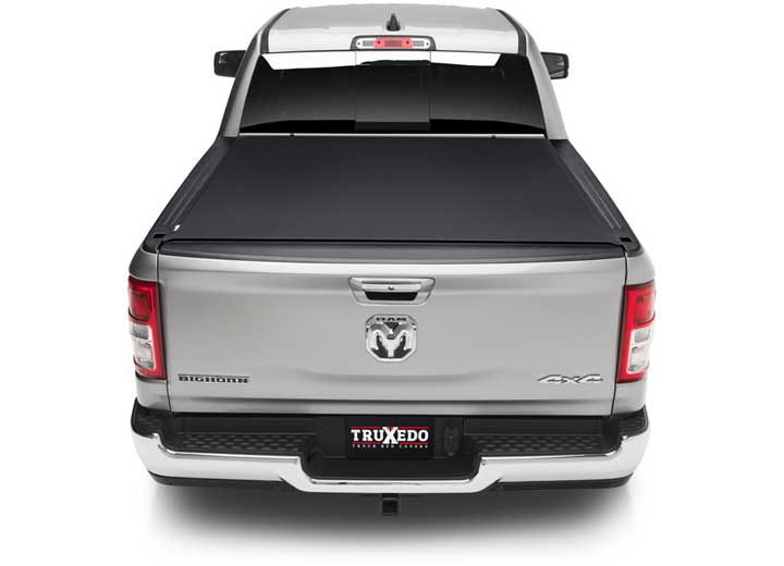 TruXedo Pro X15 soft roll-up tonneau cover closed on a 2019-2024 Ram 1500, straight rear view