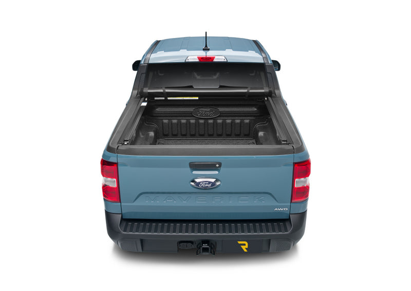 TruXedo Pro X15 soft roll-up tonneau cover rolled forward to the cab on a 2022-2024 Ford Maverick, straight rear view