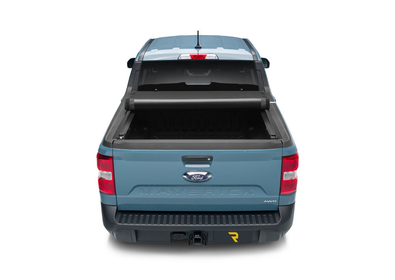 TruXedo Pro X15 soft roll-up tonneau cover rolled partway open on a 2022-2024 Ford Maverick, straight rear view