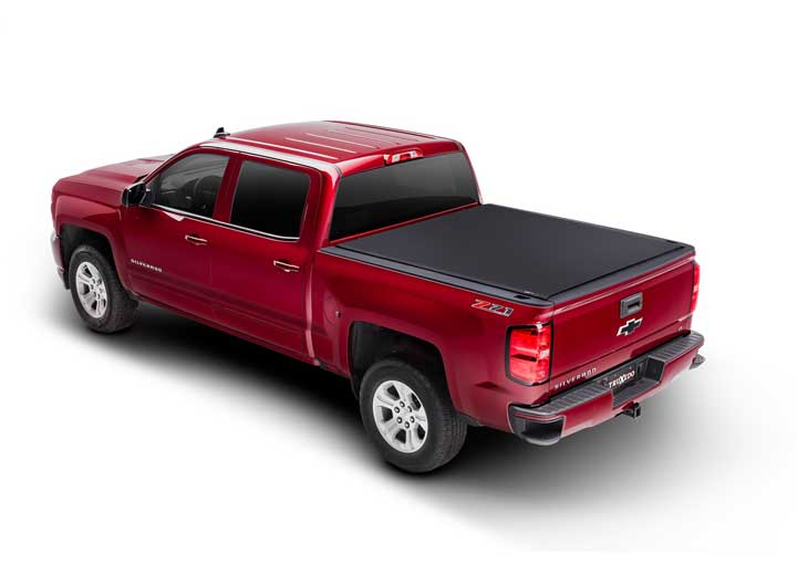 TruXedo Pro X15 soft roll-up tonneau cover closed over the bed of a pickup truck, widest view