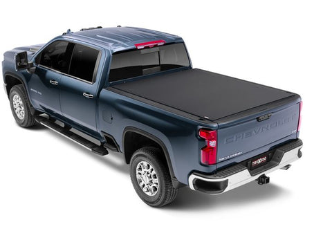 TruXedo Pro X15 soft roll-up tonneau cover closed over the bed of a pickup truck, widest view