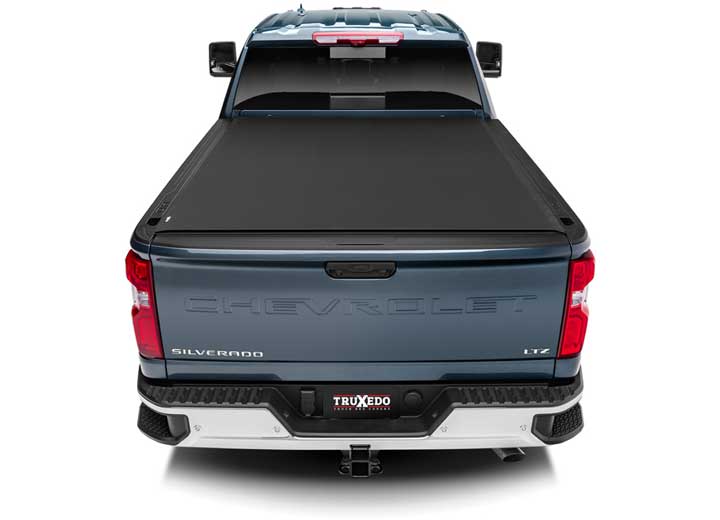 TruXedo Pro X15 soft roll-up tonneau cover closed over the bed of a pickup truck, straight rear view