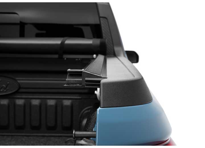 Close-up of the end of the side rail on a TruXedo Pro X15 soft roll-up tonneau cover