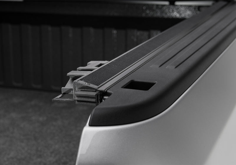 Close-up of the top of the side rail on a TruXedo Pro X15 soft roll-up tonneau cover