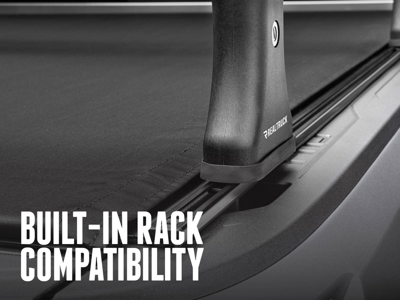 A rack upright clamped into the cover's T-slot side rail, with the text Built-in rack compatibility; the rack is sold separately