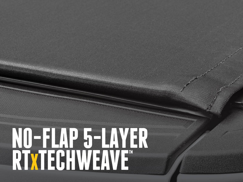 Close-up of the taut black canvas folded over the side rail, with the text No-flap 5-layer RTxTechWeave