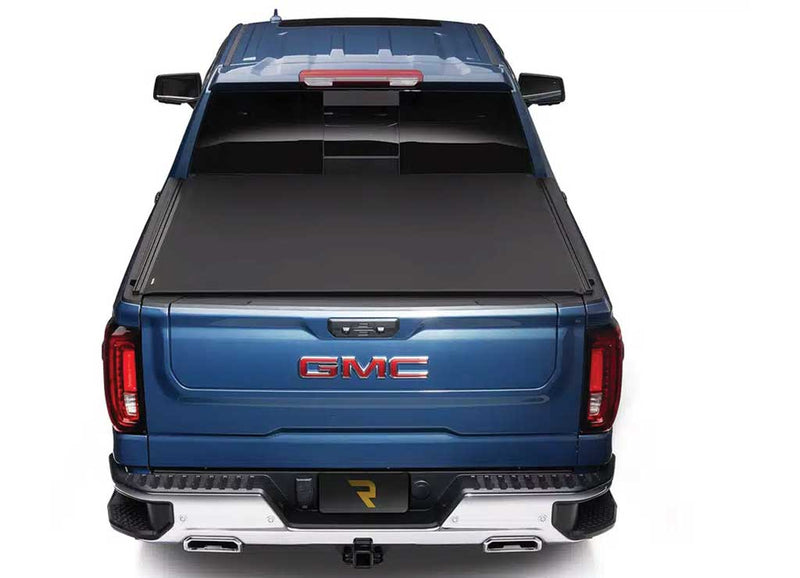 TruXedo Pro X15 TS soft roll-up tonneau cover closed over the bed of a pickup truck, straight rear view